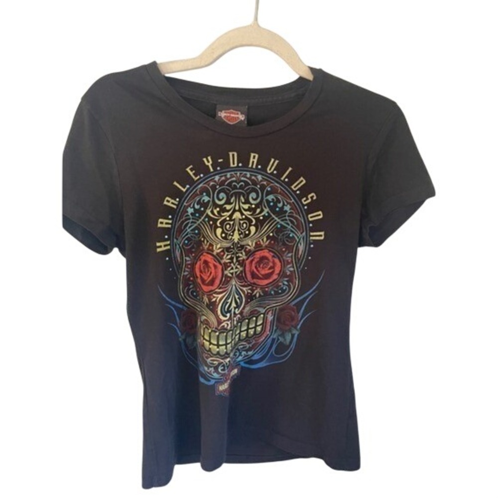 Harley Davidson Sugar Skull Roses Graphic Tee Shirt Womens Black Size S
